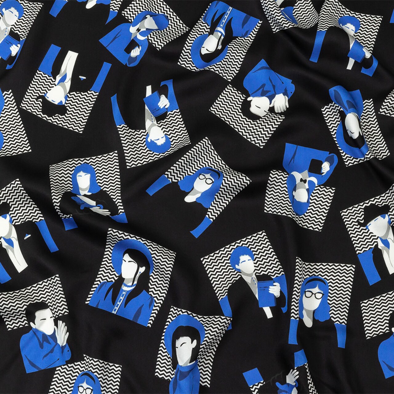 1 Yard Rayon Challis Fabric Blue and Black Talking Heads In the Blues Print 55 inch Width